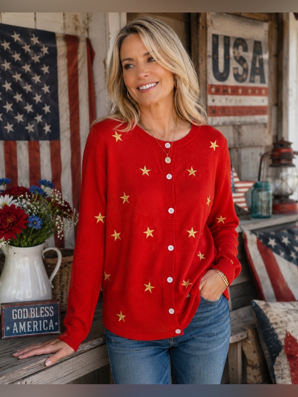 Quacker Factory Red Gold Long Sleeve Cardigan Sweater Size Large